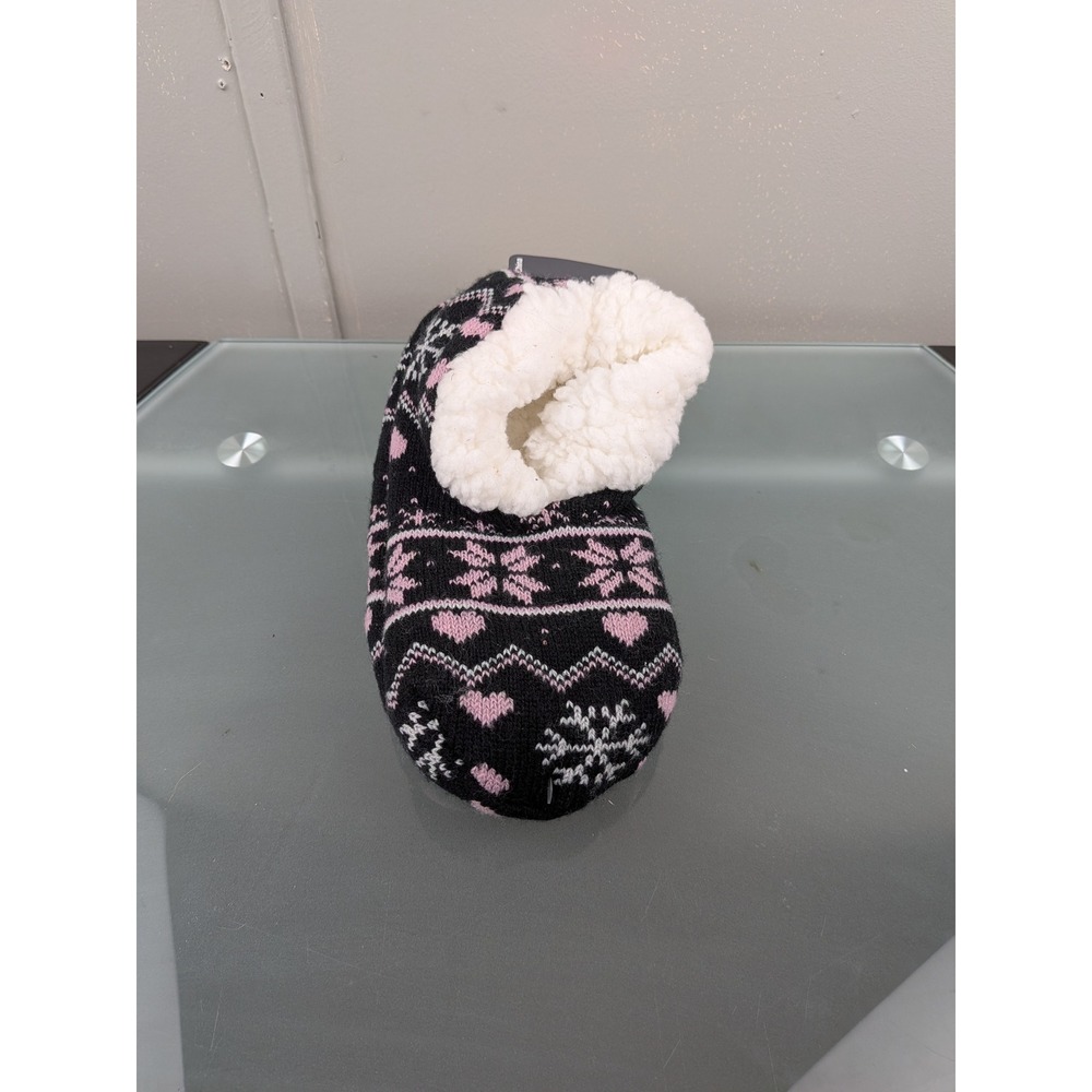 Ladies Slipper Socks Black Pink Fair Isle Snowflake Heart Faux Shearling Lined
